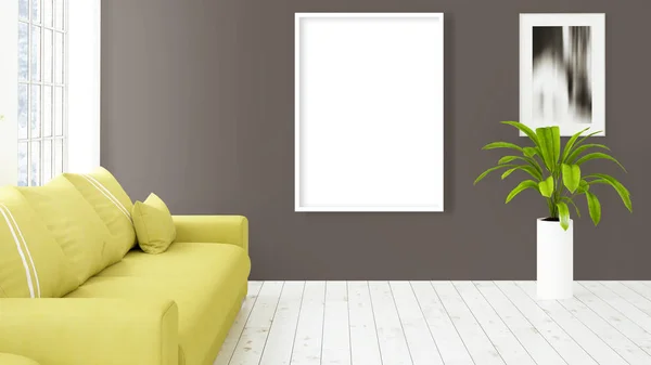 Modern bright interior with empty frame . 3D rendering — Stock Photo, Image