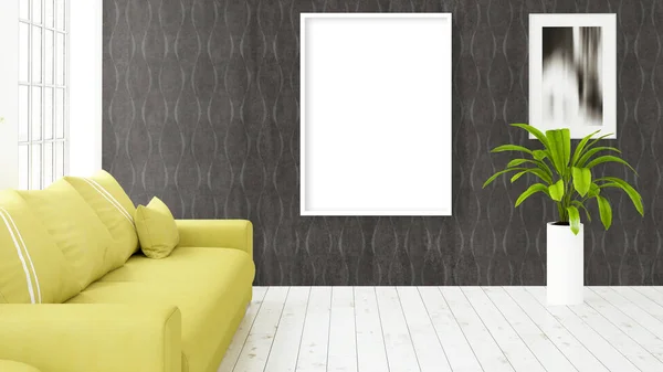 Modern bright interior with empty frame . 3D rendering — Stock Photo, Image