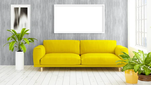 Modern bright interior with empty frame . 3D rendering — Stock Photo, Image