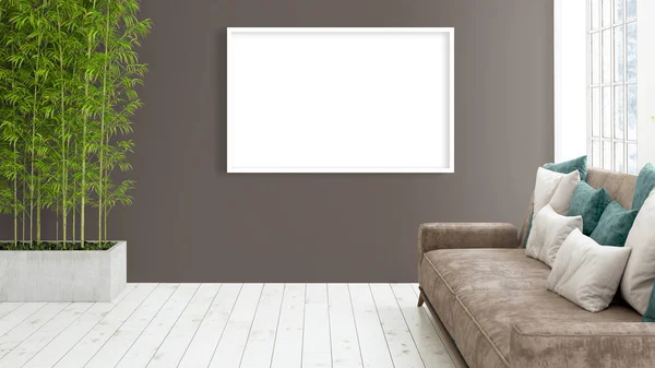 Modern bright interior with empty frame . 3D rendering — Stock Photo, Image