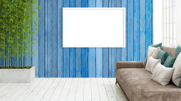 Modern bright interior with empty frame . 3D rendering — Stock Photo, Image