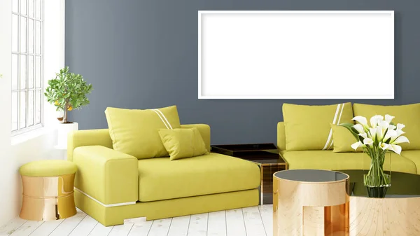 Modern bright interior with empty frame . 3D rendering — Stock Photo, Image