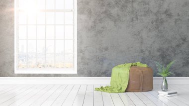 Büyük pencere ile modern parlak iç. 3D render