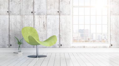 Büyük pencere ile modern parlak iç. 3D render