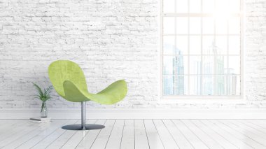 Büyük pencere ile modern parlak iç. 3D render