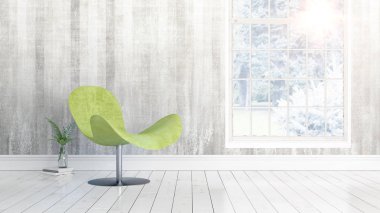 Büyük pencere ile modern parlak iç. 3D render