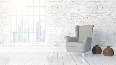 Büyük pencere ile modern parlak iç. 3D render