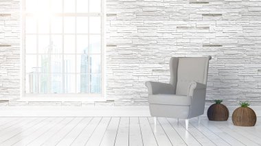 Büyük pencere ile modern parlak iç. 3D render