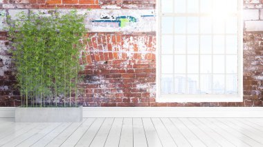 Büyük pencere ile modern parlak iç. 3D render