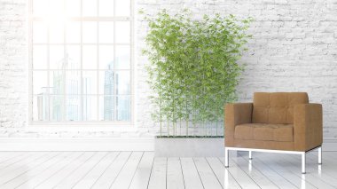 Büyük pencere ile modern parlak iç. 3D render