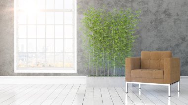Büyük pencere ile modern parlak iç. 3D render