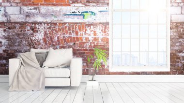 Büyük pencere ile modern parlak iç. 3D render