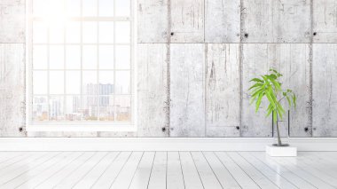 Büyük pencere ile modern parlak iç. 3D render