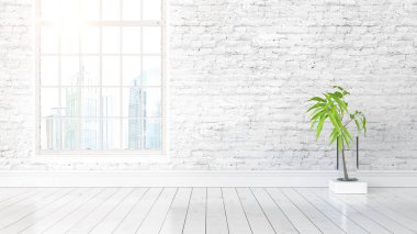 Büyük pencere ile modern parlak iç. 3D render