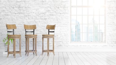 Büyük pencere ile modern parlak iç. 3D render