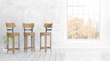 Büyük pencere ile modern parlak iç. 3D render