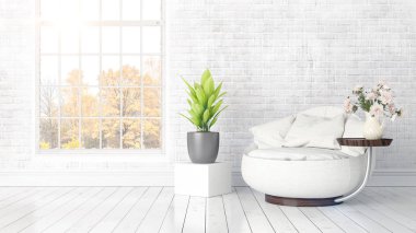 Büyük pencere ile modern parlak iç. 3D render
