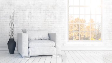 Büyük pencere ile modern parlak iç. 3D render