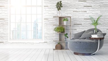 Büyük pencere ile modern parlak iç. 3D render