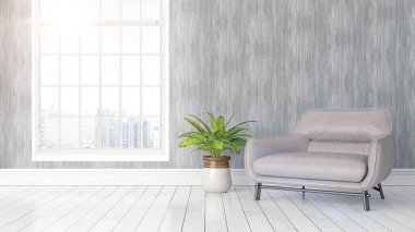 Büyük pencere ile modern parlak iç. 3D render