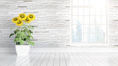 Büyük pencere ile modern parlak iç. 3D render