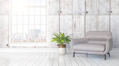 Büyük pencere ile modern parlak iç. 3D render