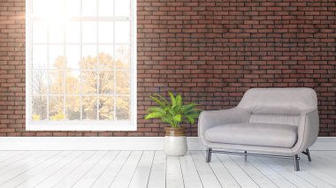 Büyük pencere ile modern parlak iç. 3D render