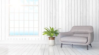 Büyük pencere ile modern parlak iç. 3D render
