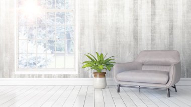 Büyük pencere ile modern parlak iç. 3D render