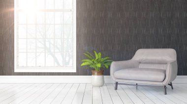 Büyük pencere ile modern parlak iç. 3D render
