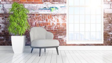 Büyük pencere ile modern parlak iç. 3D render