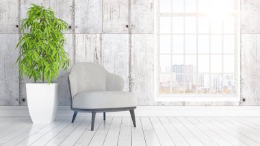 Büyük pencere ile modern parlak iç. 3D render