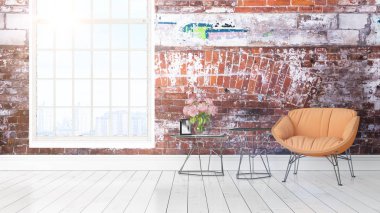 Büyük pencere ile modern parlak iç. 3D render