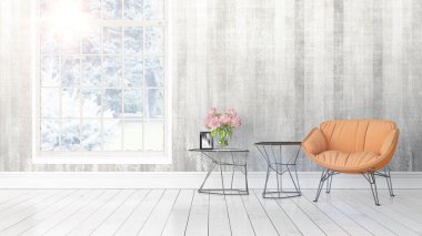 Büyük pencere ile modern parlak iç. 3D render