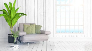 Büyük pencere ile modern parlak iç. 3D render