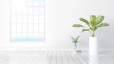 Büyük pencere ile modern parlak iç. 3D render