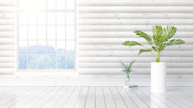 Büyük pencere ile modern parlak iç. 3D render