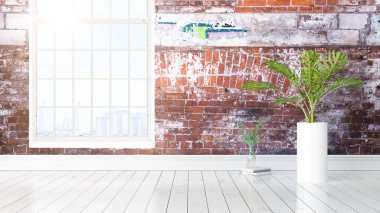 Büyük pencere ile modern parlak iç. 3D render