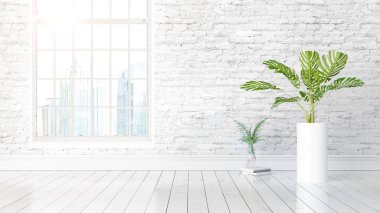 Büyük pencere ile modern parlak iç. 3D render