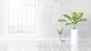 Büyük pencere ile modern parlak iç. 3D render