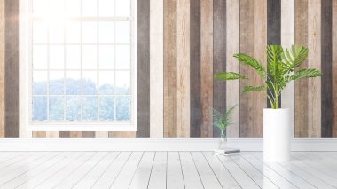 Büyük pencere ile modern parlak iç. 3D render