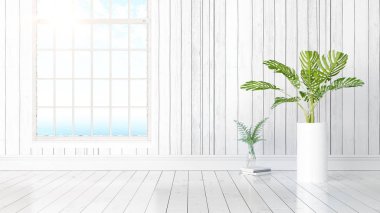 Büyük pencere ile modern parlak iç. 3D render