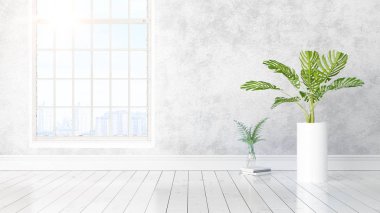 Büyük pencere ile modern parlak iç. 3D render