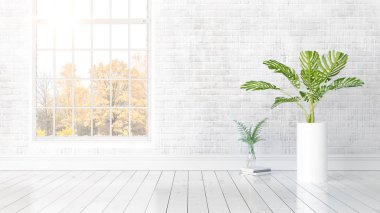 Büyük pencere ile modern parlak iç. 3D render