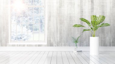 Büyük pencere ile modern parlak iç. 3D render