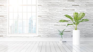 Büyük pencere ile modern parlak iç. 3D render