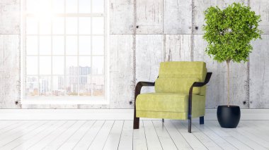 Büyük pencere ile modern parlak iç. 3D render