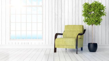 Büyük pencere ile modern parlak iç. 3D render
