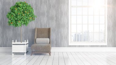 Büyük pencere ile modern parlak iç. 3D render