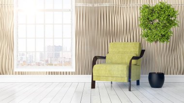 Büyük pencere ile modern parlak iç. 3D render